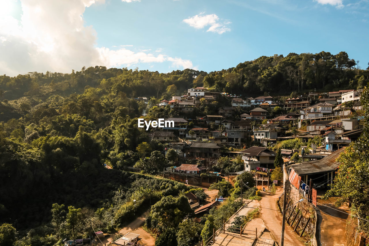 High angle shot of townscape against sky