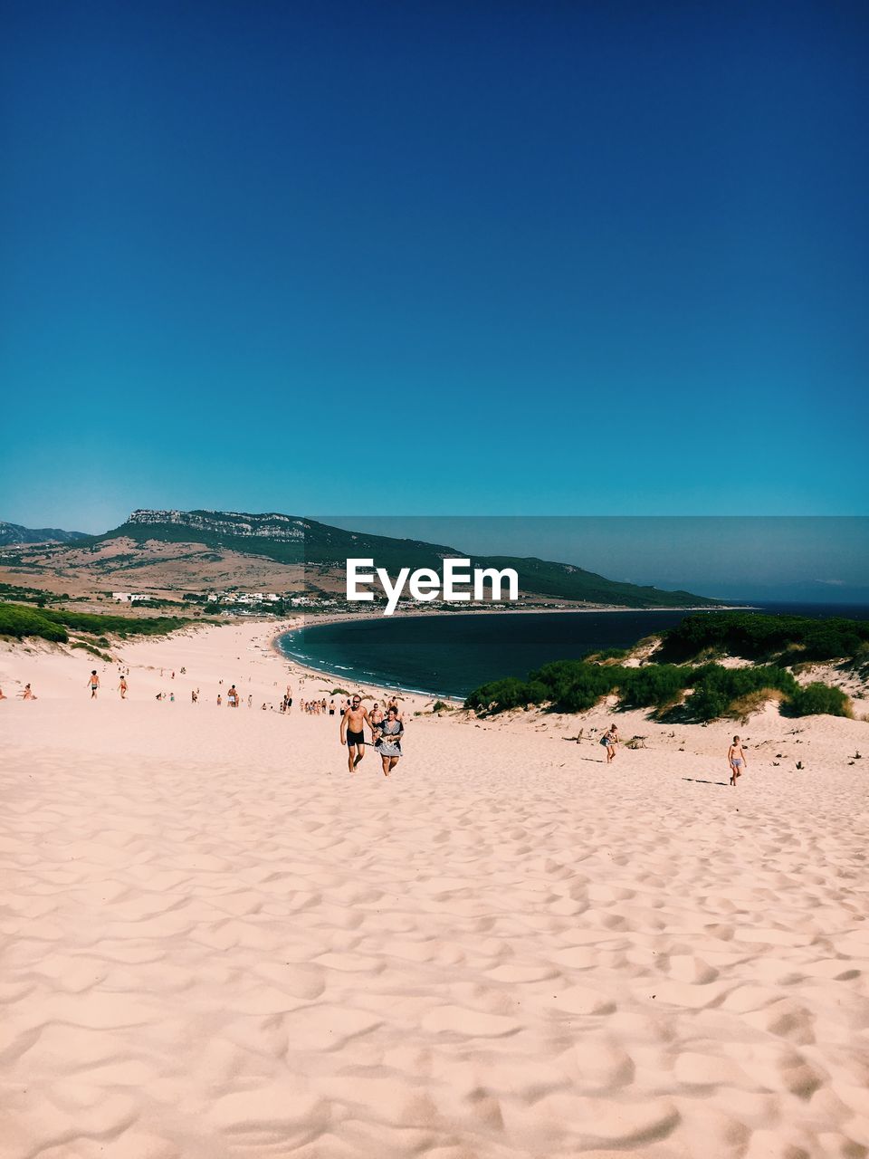 GROUP OF PEOPLE ON BEACH AGAINST CLEAR SKY