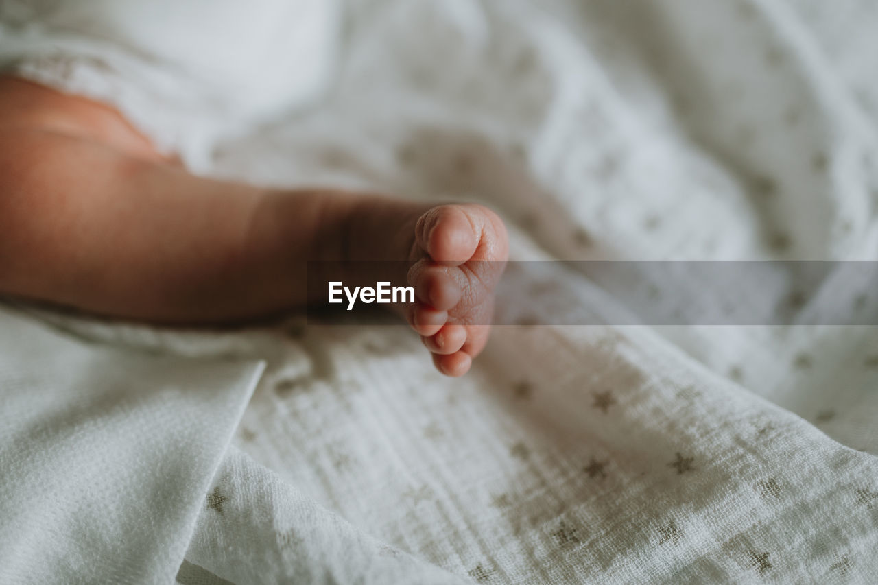 Low section of baby boy lying on bed