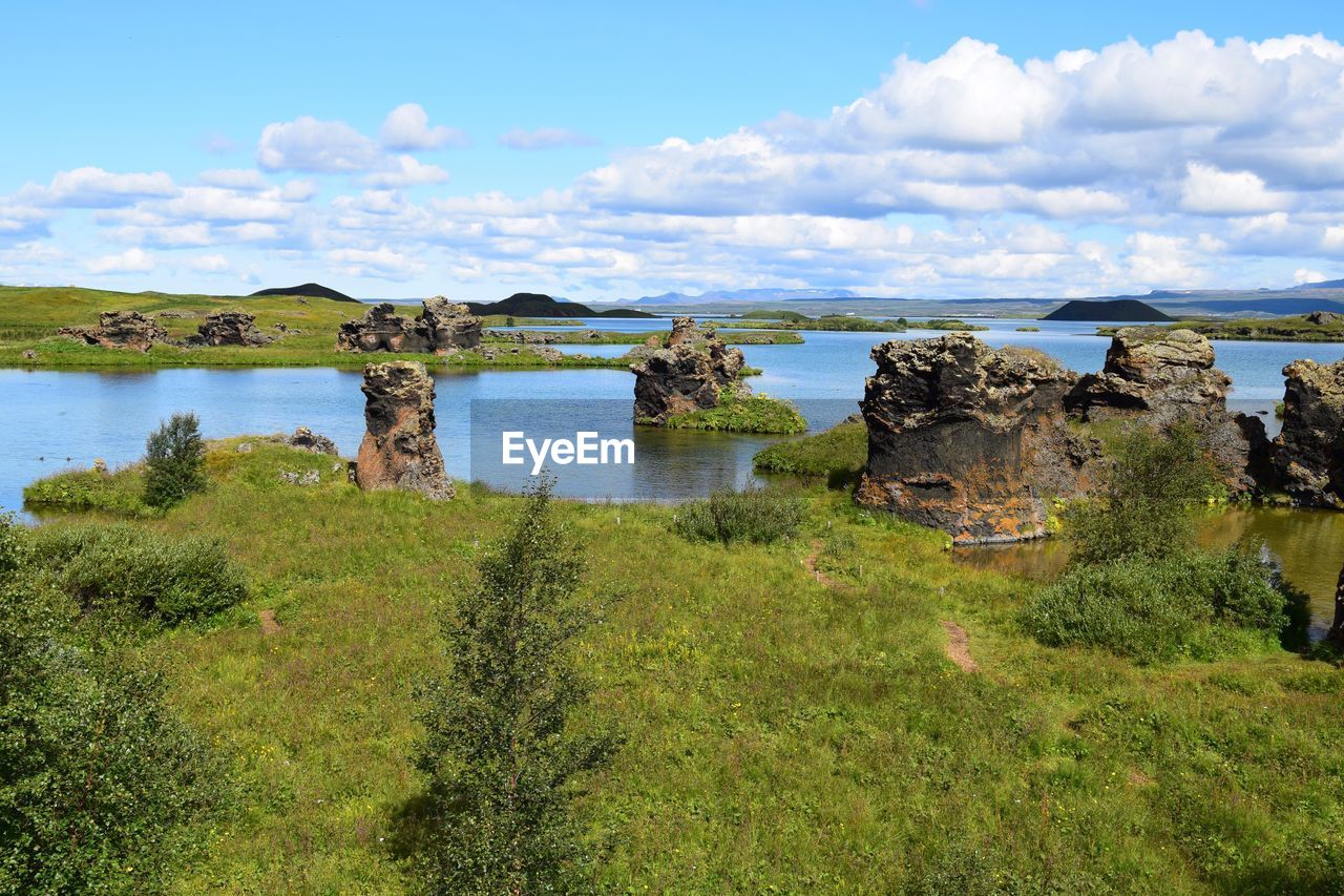 Scenic view of lake myvatn against cloudy sky