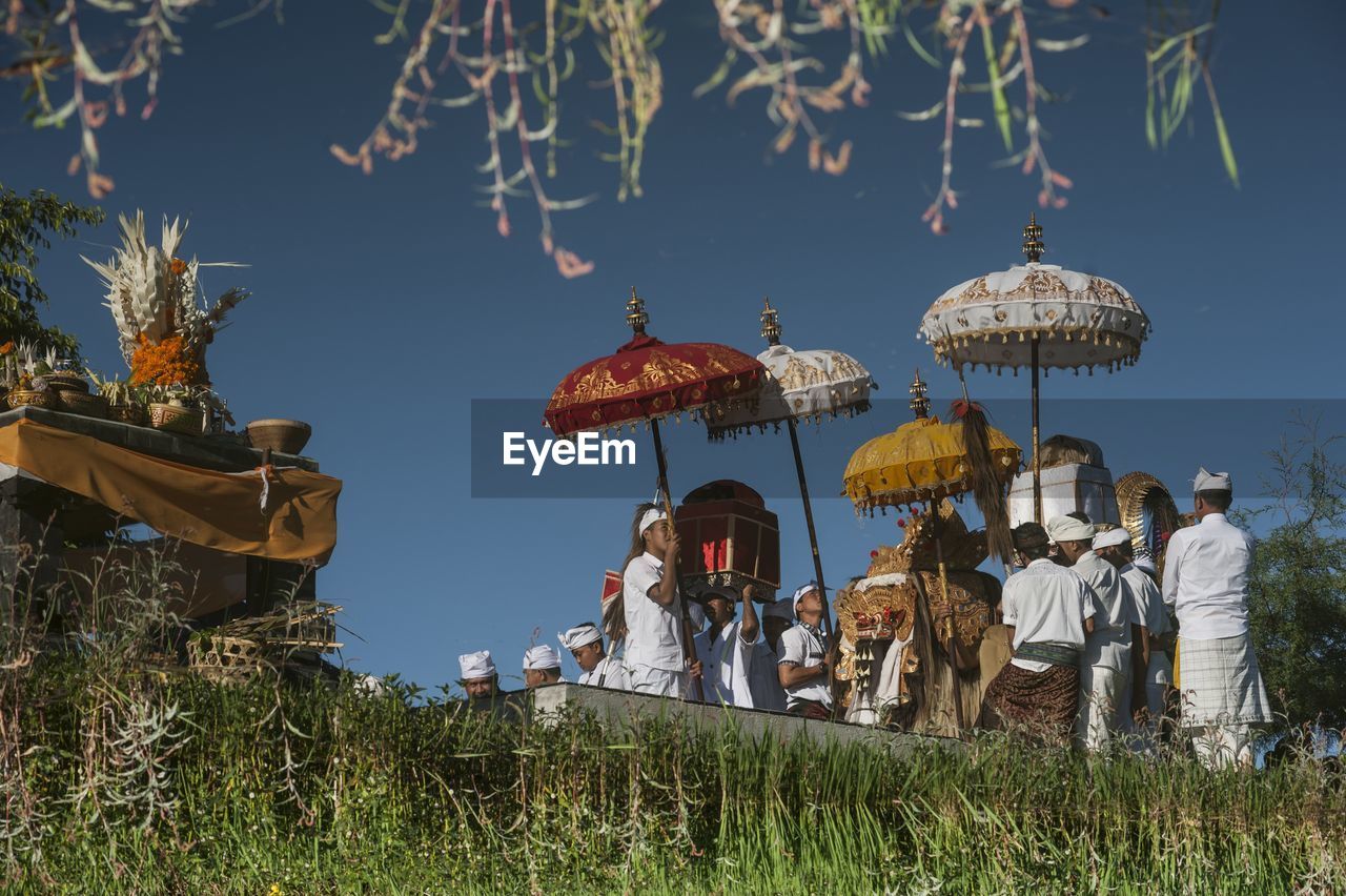 People by plants against sky during festival