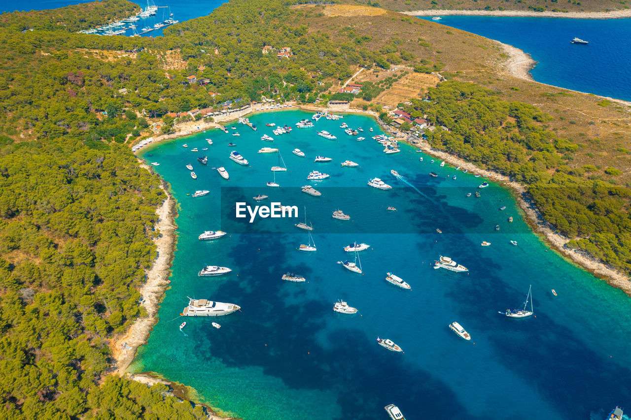 Aerial view of the bay with boats, paklinski otoci islands in hvar, adriatic sea in croatia