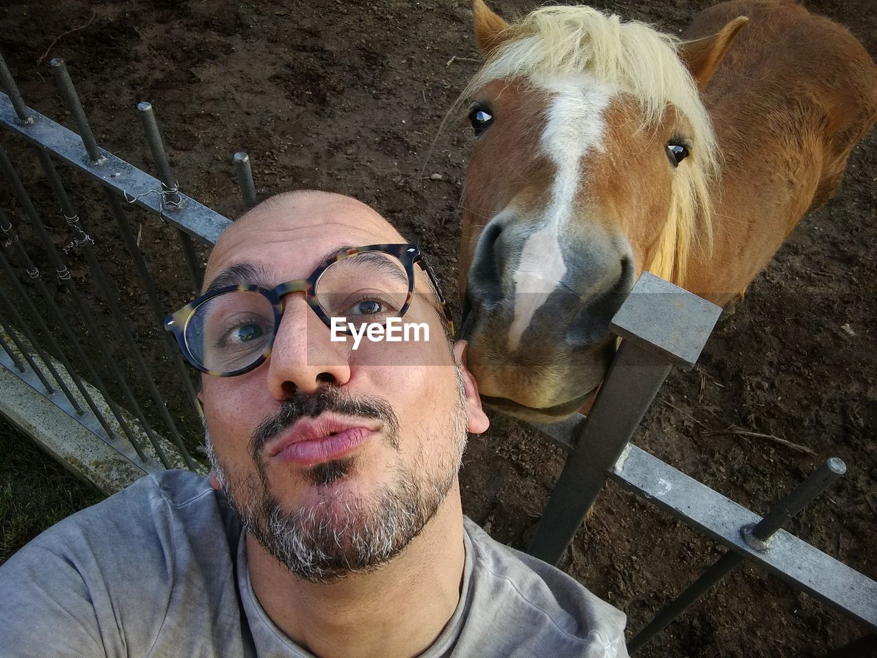 Portrait of mature man taking selfie with horse