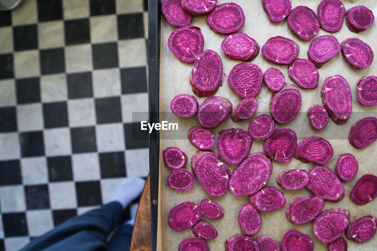 Close-up of chopped sweet potato on cutting board 