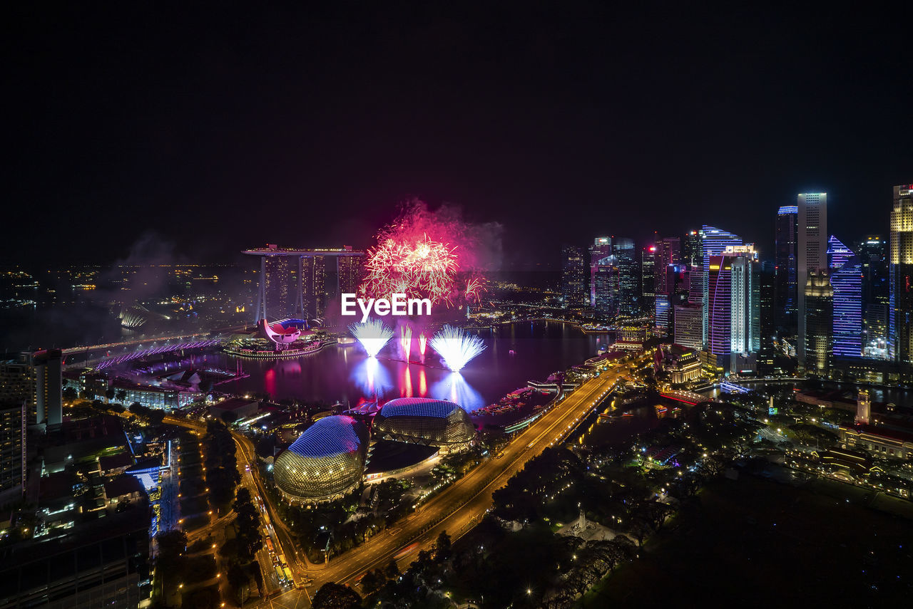 Aerial view of fireworks show at marina bay singapore