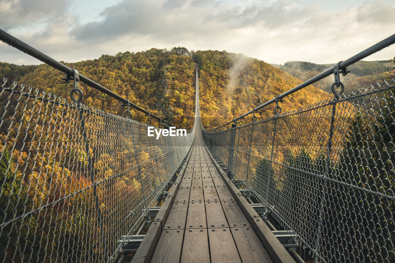 Footbridge in forest against sky