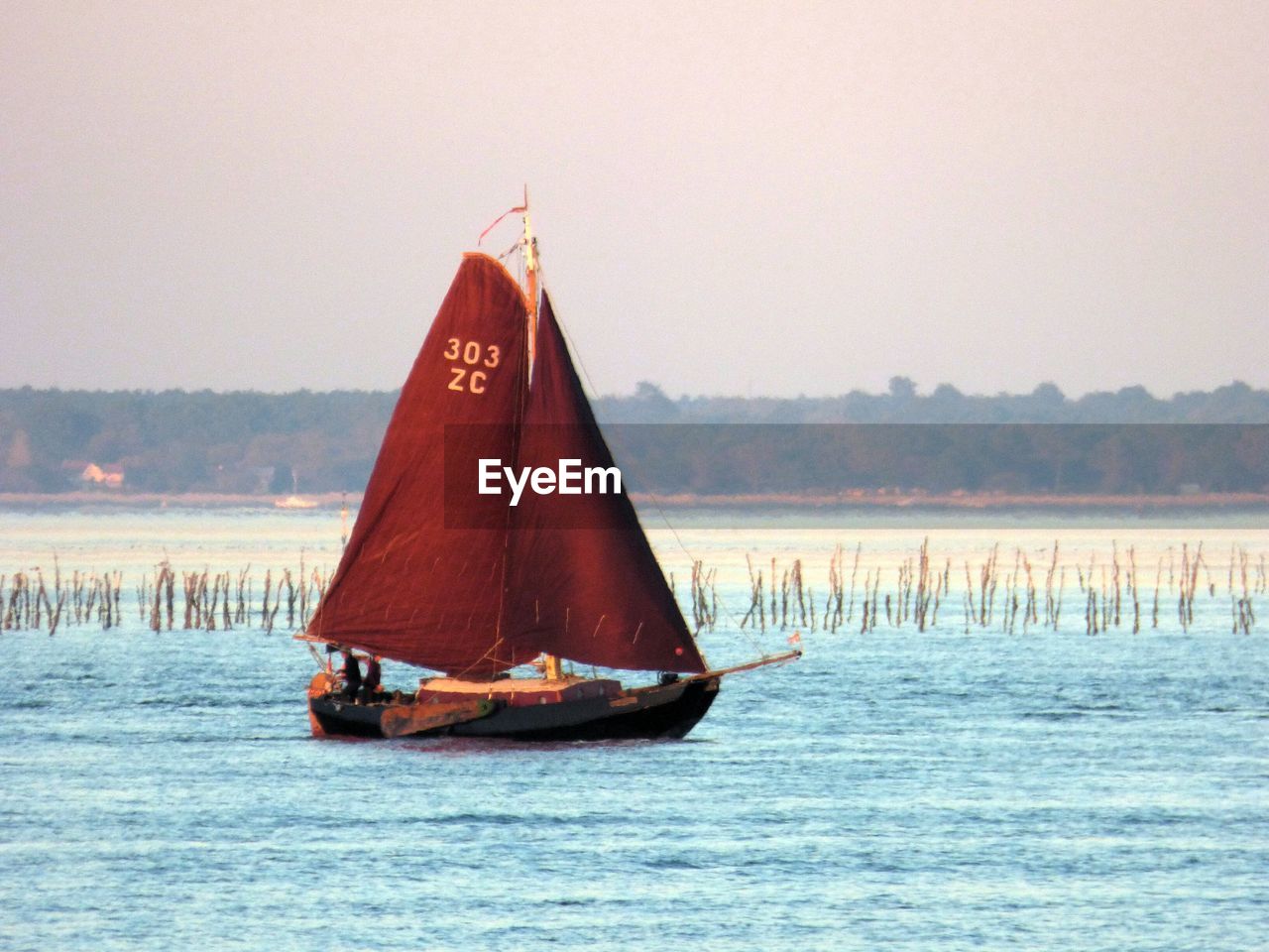 Boat sailing on sea against clear sky