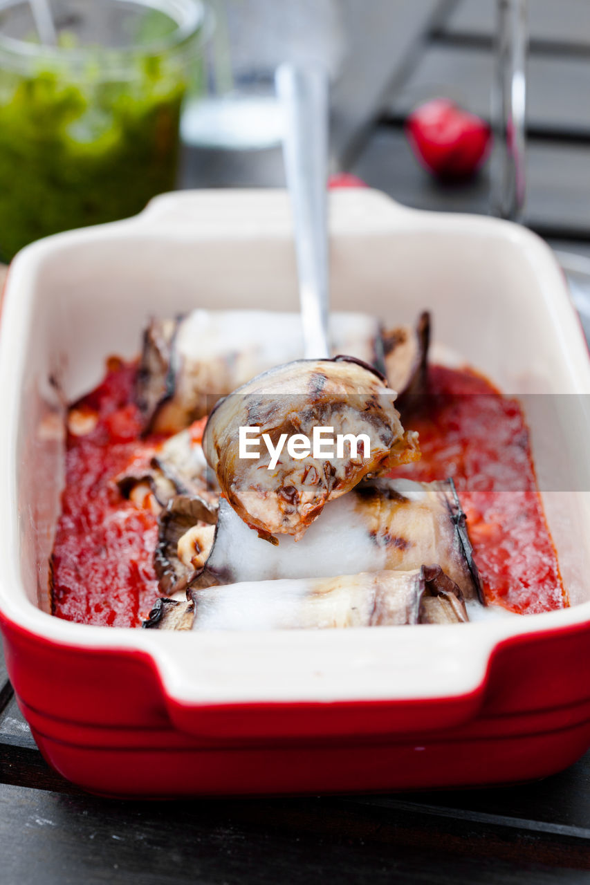 Close-up of food in tray on table