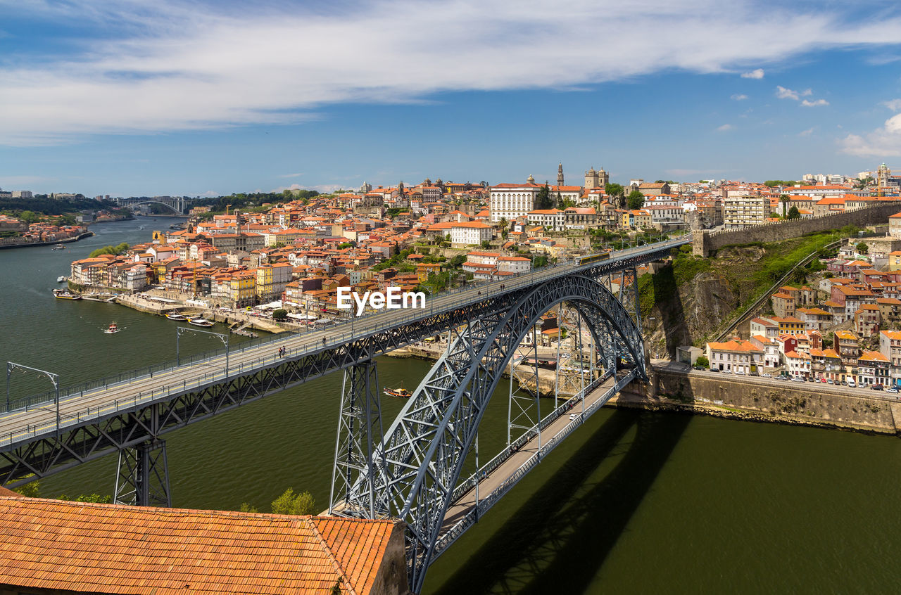 AERIAL VIEW OF BRIDGE OVER RIVER BY BUILDINGS IN CITY