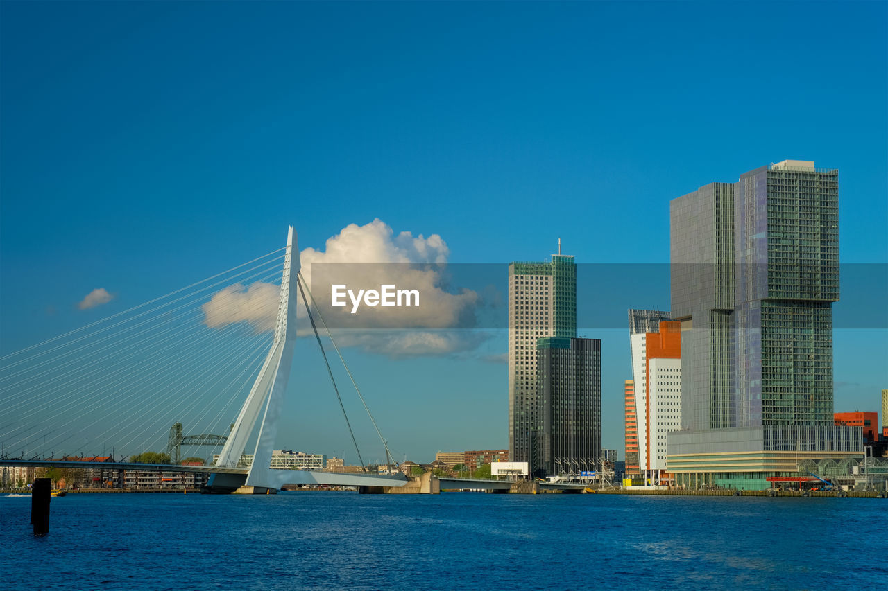 Rotterdam skyscrapers skyline and erasmusbrug bridge over of nieuwe maas river. rotterdam