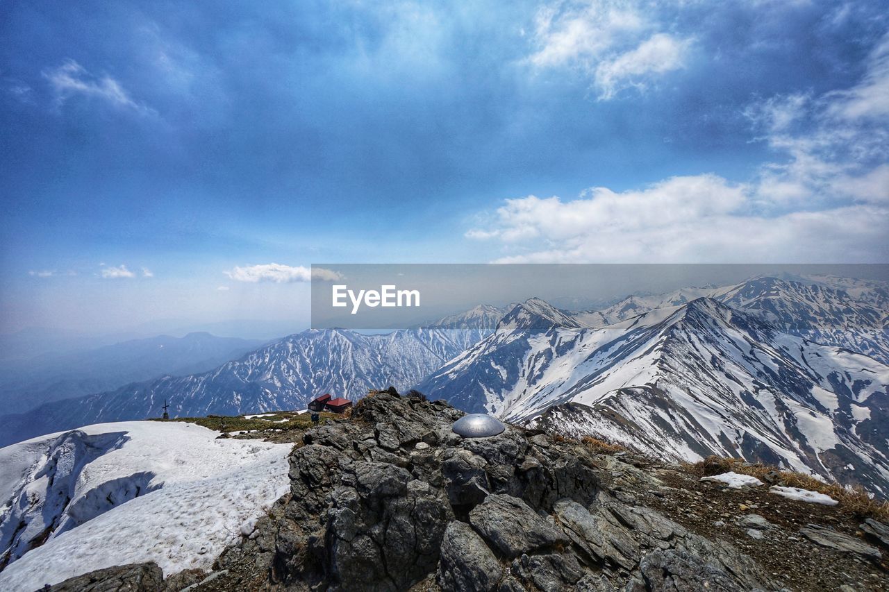 Scenic view of snowcapped mountains against sky