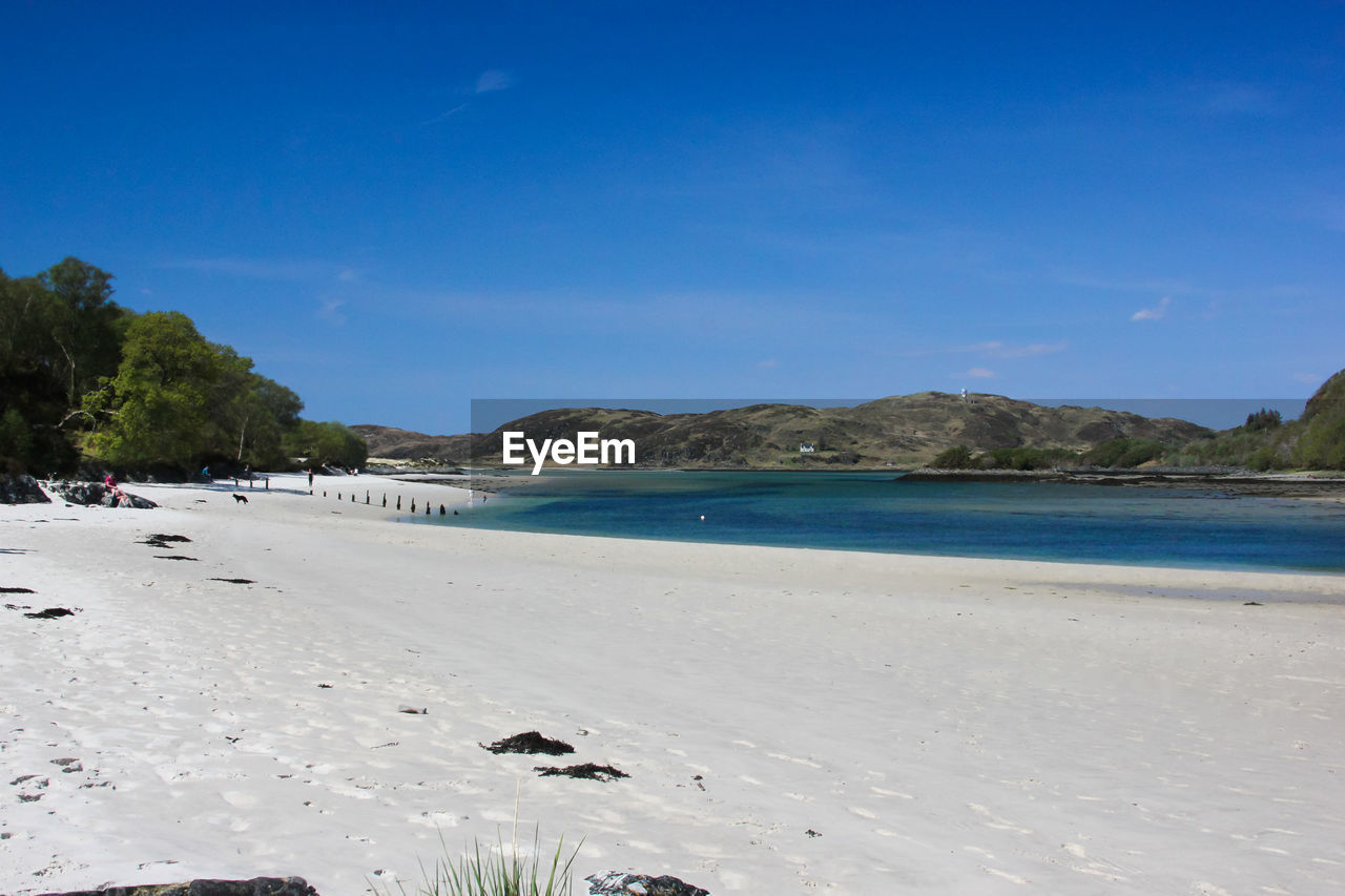 Scenic view of beach against clear blue sky