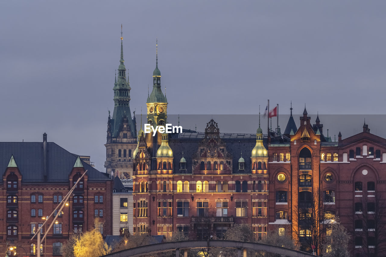 Germany, hamburg, speicherstadt district at dusk