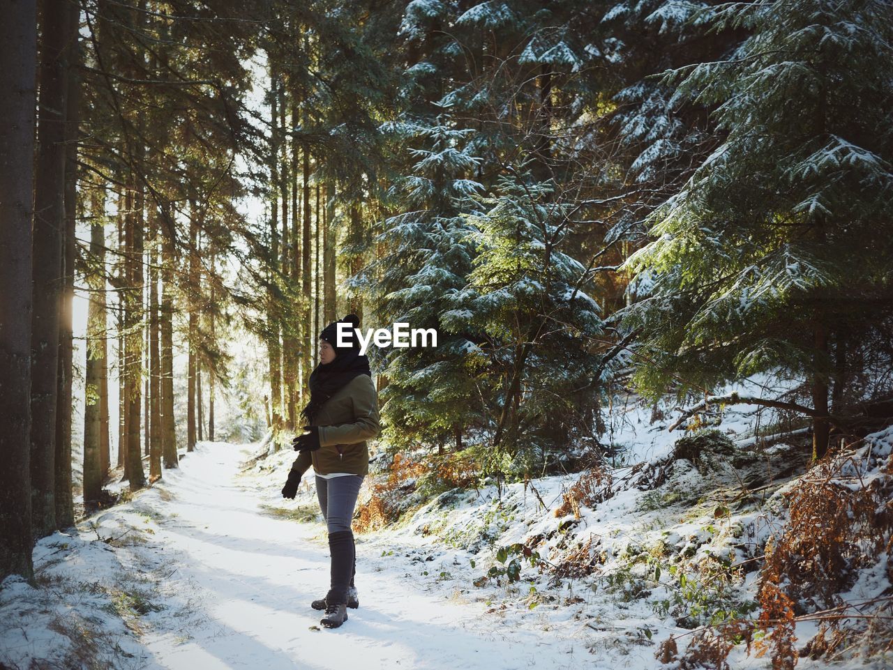 Woman looking away while standing amidst trees in forest during winter