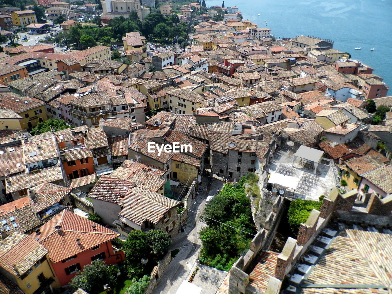 High angle view of houses in town