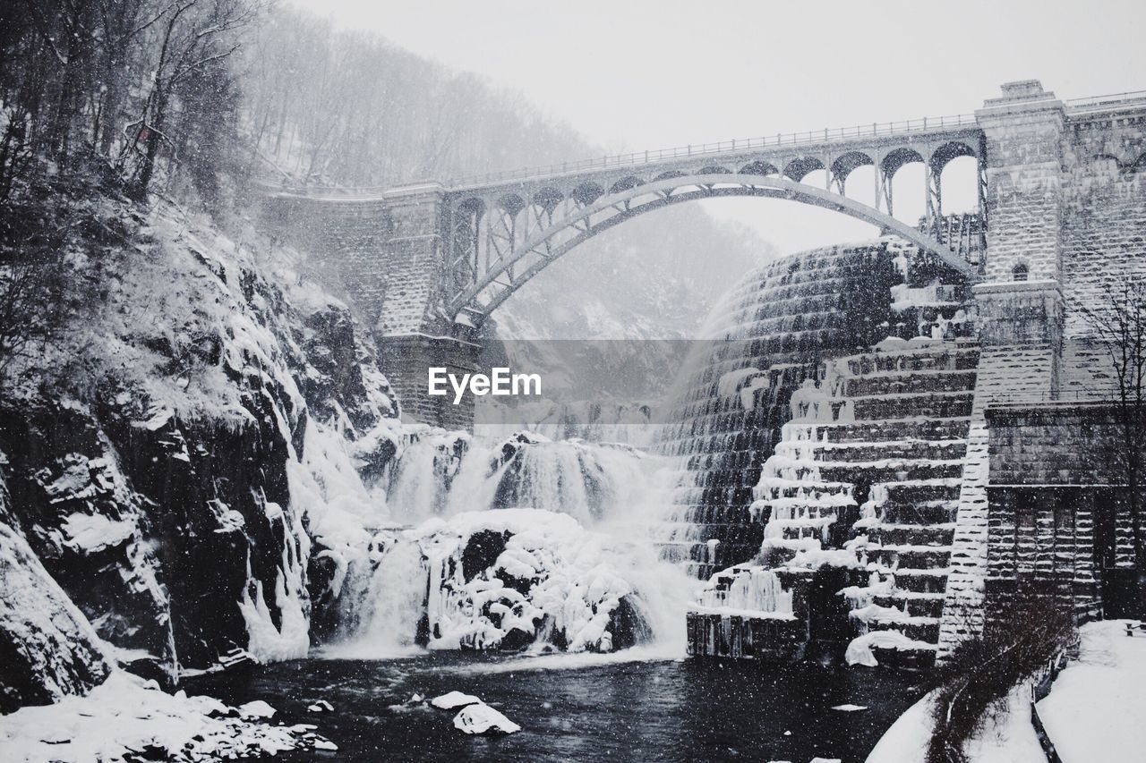 Bridge over river against mountain