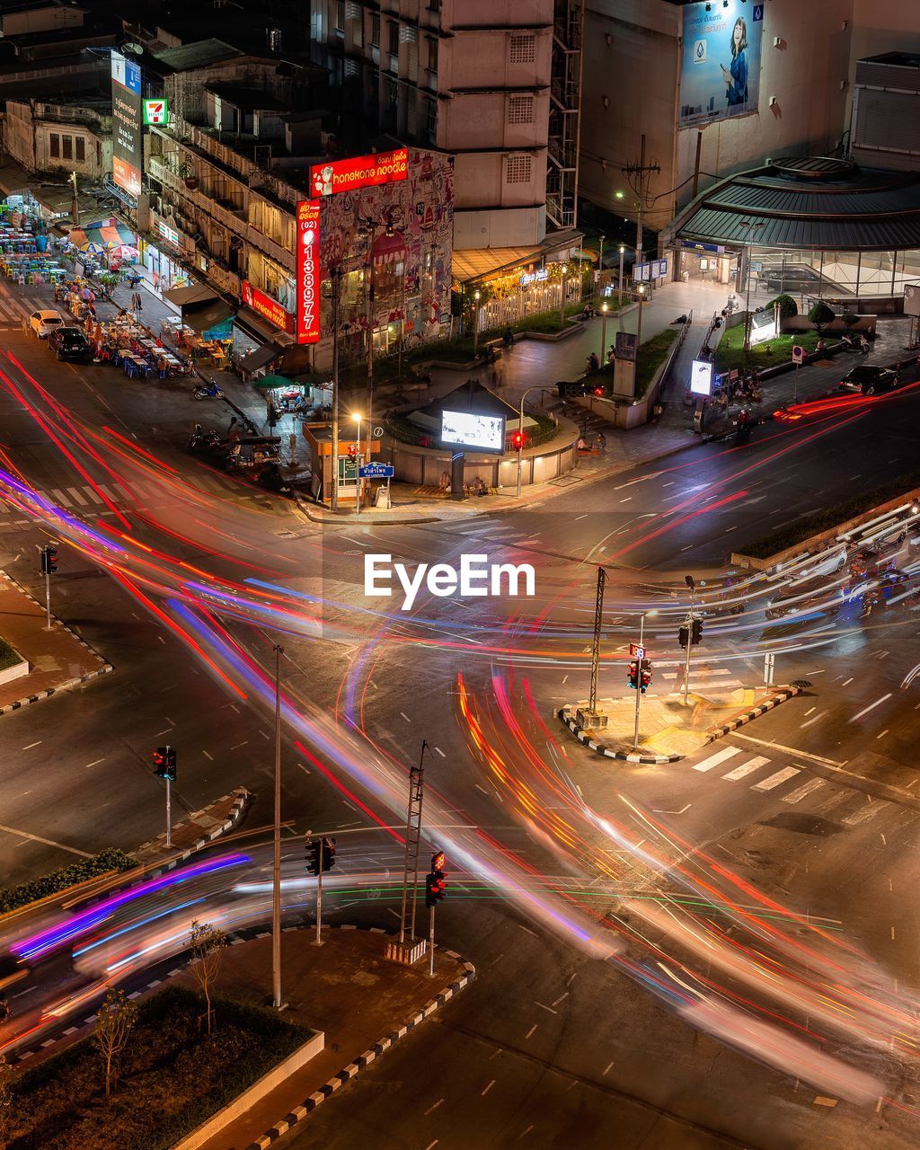 High angle view of light trails on city street at night