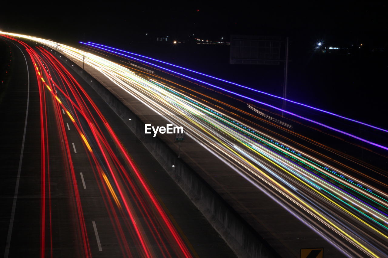 Light trails on road at night