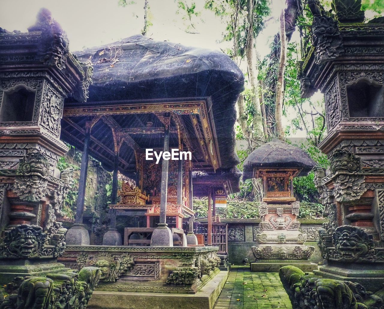 Low angle view of old structures at monkey forest sanctuary