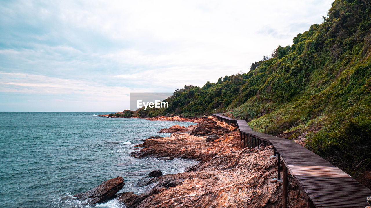 SCENIC VIEW OF SEA BY TREES AGAINST SKY