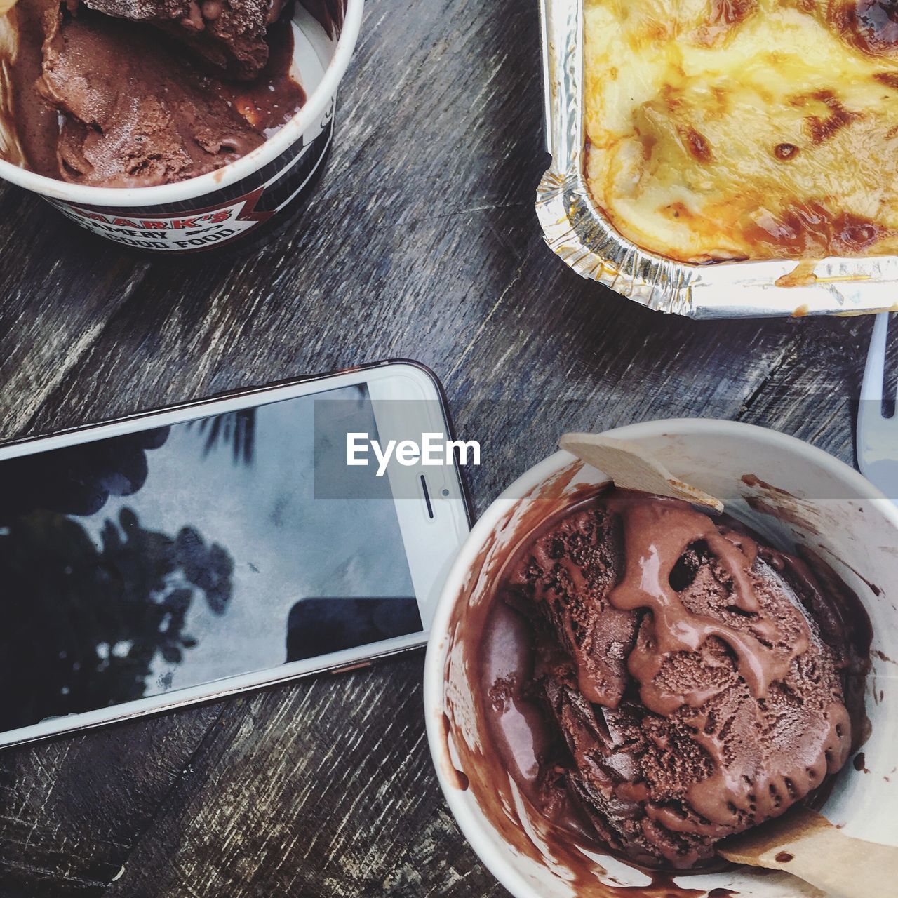 High angle view of desserts on table