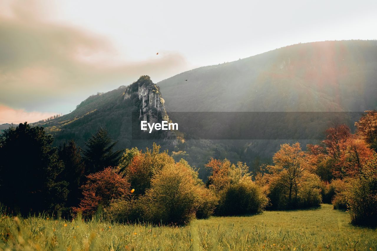 Scenic view of mountains against sky during autumn