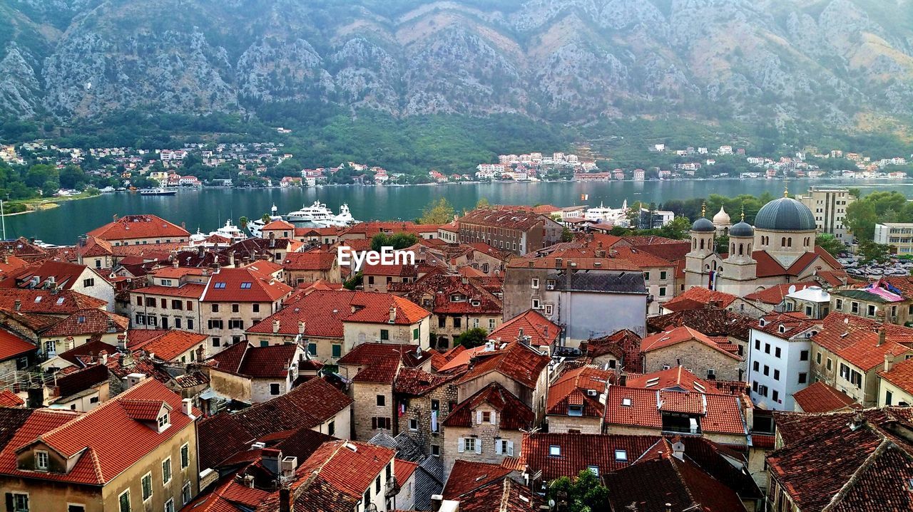 High angle view of buildings in city