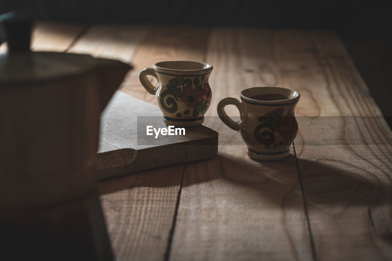 CLOSE-UP OF CUP OF COFFEE ON TABLE