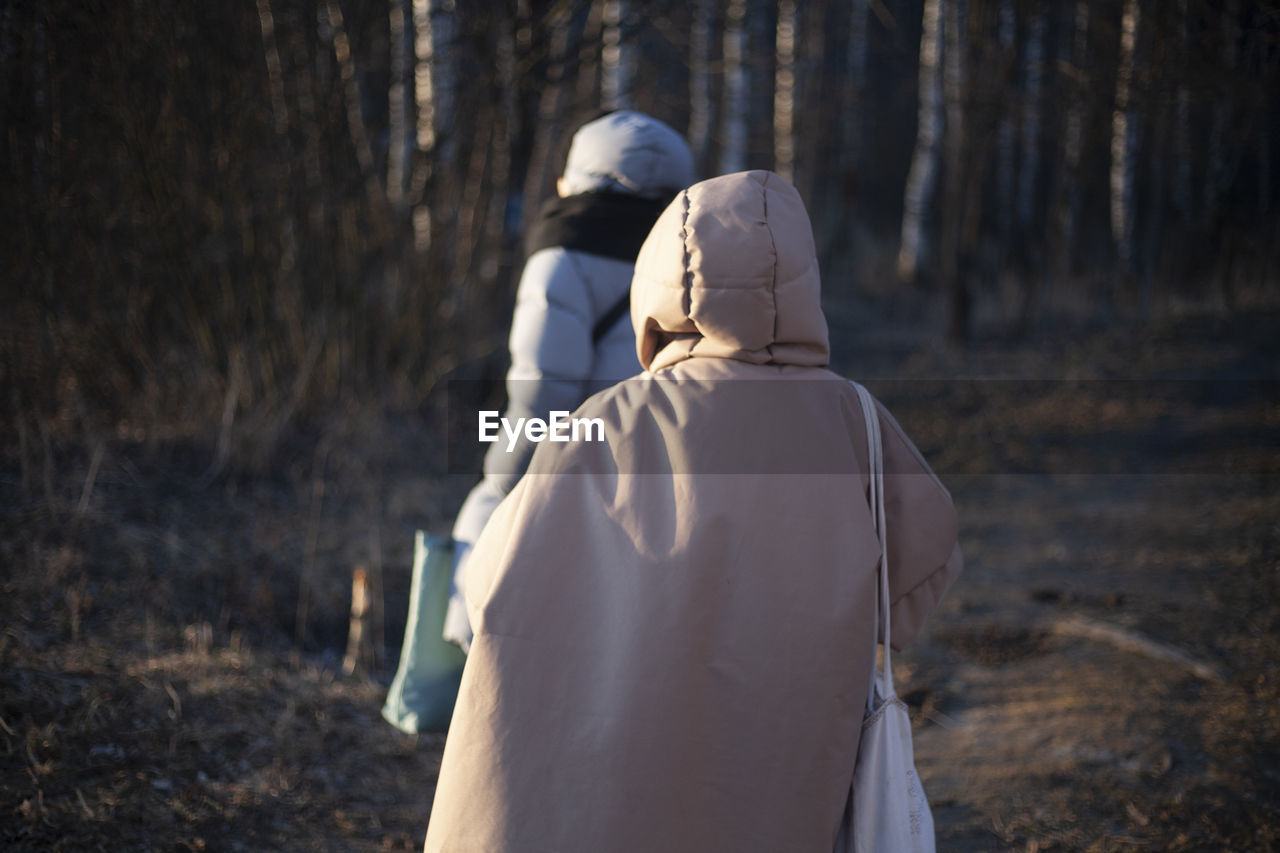 Rear view of people walking in forest