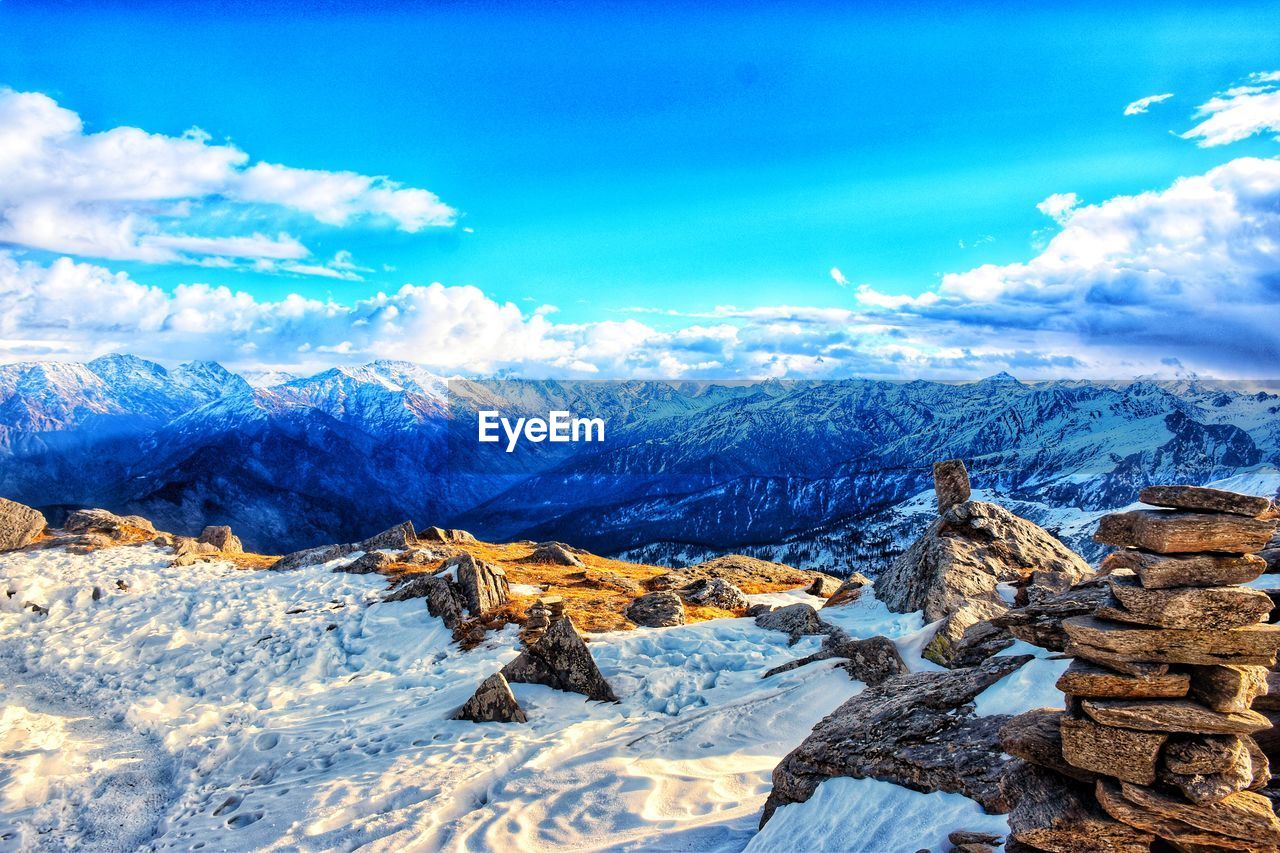 Aerial view of snowcapped mountain against sky