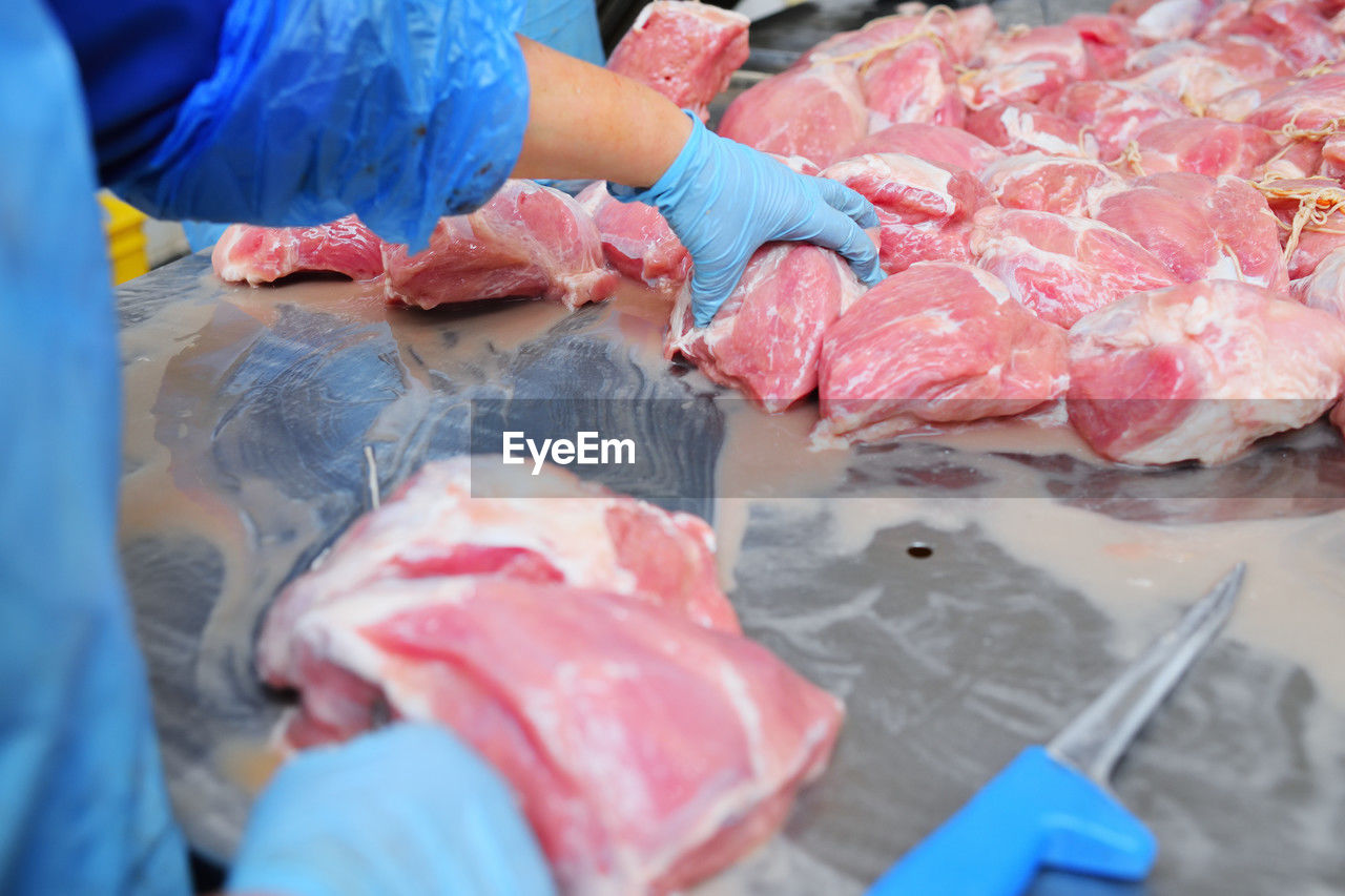 meat, raw food, food and drink, occupation, food, business, freshness, retail, butcher, working, fish, animal, indoors, red meat, market, business finance and industry, fishing industry, protection, selective focus, adult, protective workwear, for sale, fish market