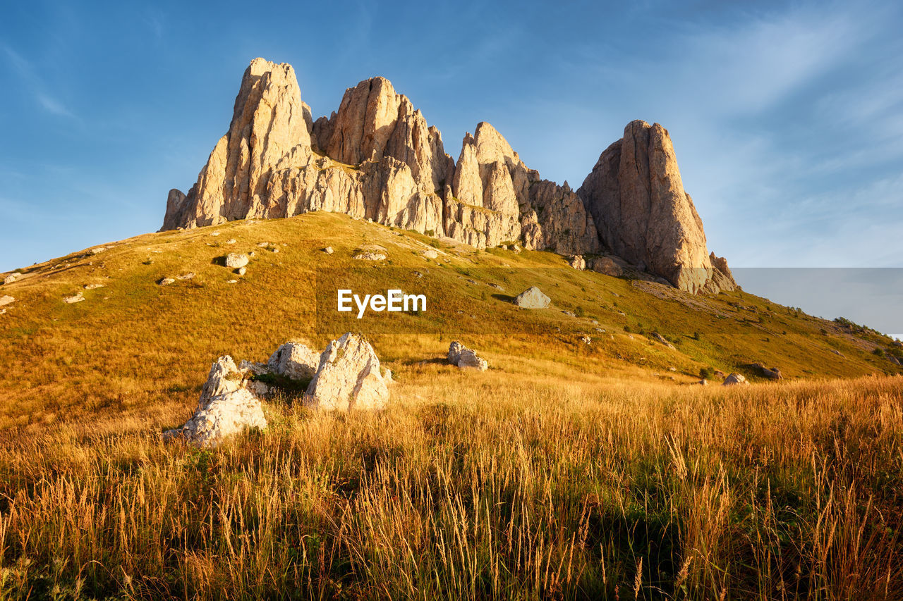 Autumn landscape. mountain with rocky peak big thach in sunset, adygea, russia.