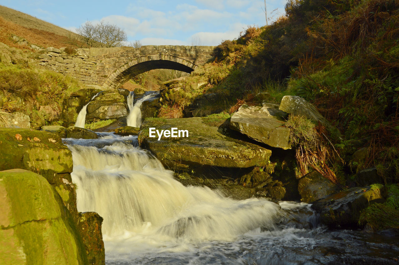 VIEW OF WATERFALL ALONG ROCKS AND PLANTS