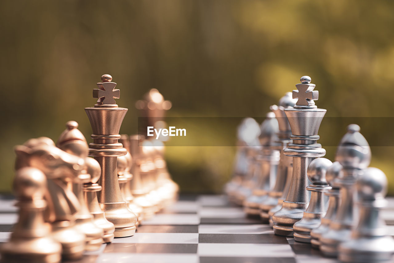 close-up of chess pieces on table