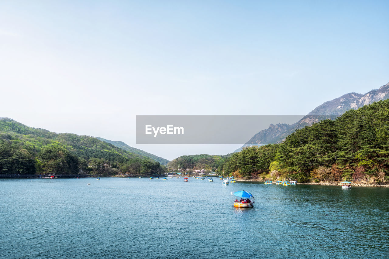 Sanjeong lake scenery in pocheon, south korea. famous lake in pocheon with boats for rentals.