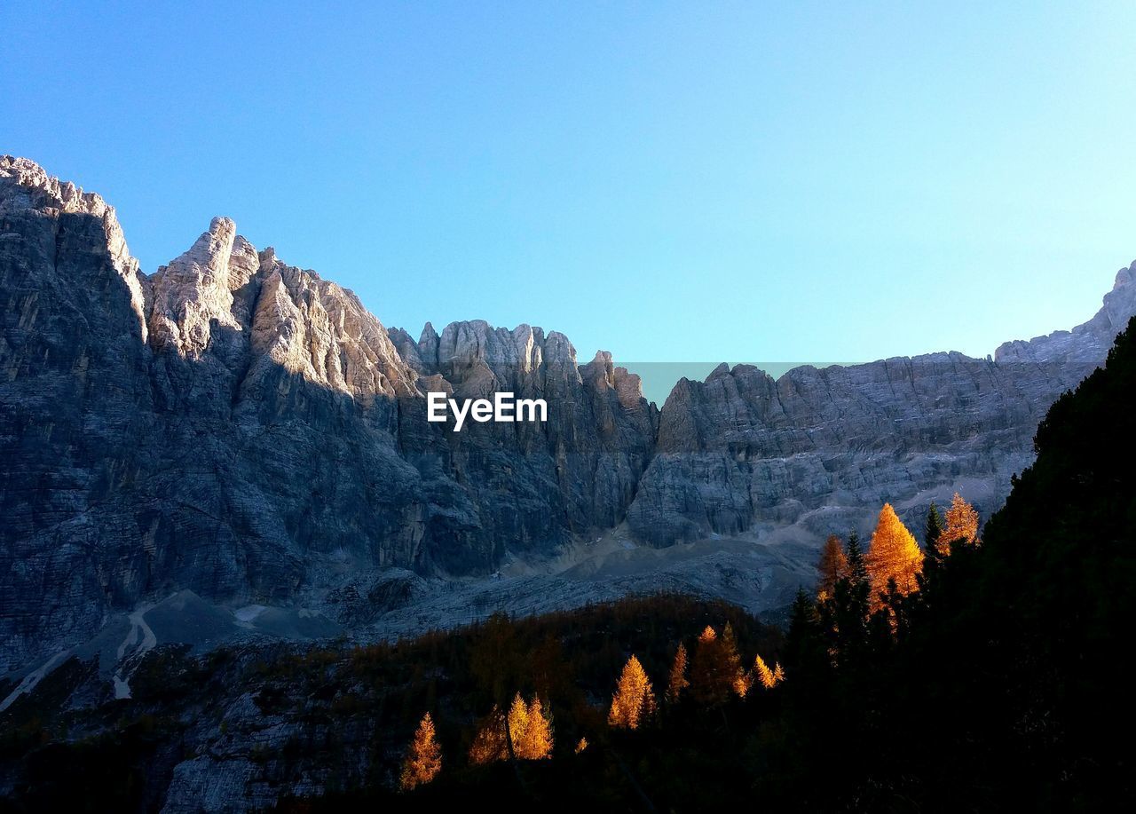 Scenic view of mountains against clear blue sky