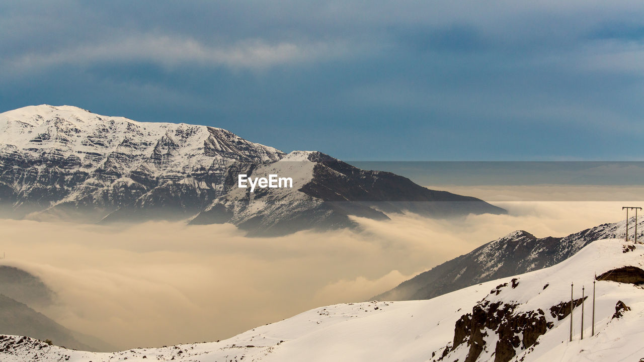 Scenic view of snow covered mountains against sky