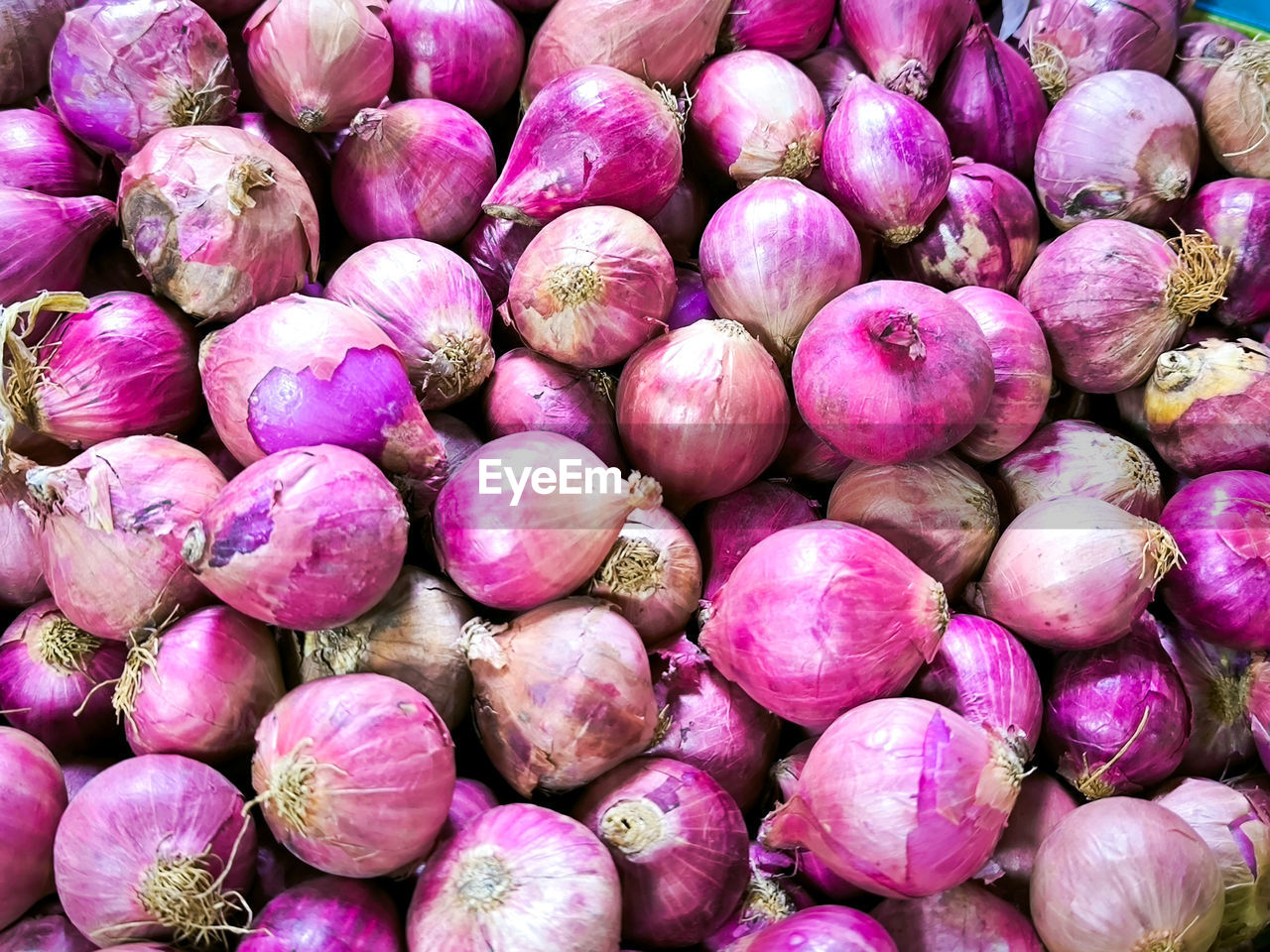 food and drink, food, freshness, vegetable, produce, wellbeing, healthy eating, large group of objects, abundance, shallot, market, plant, for sale, no people, pink, full frame, still life, red onion, onion, retail, backgrounds, close-up, market stall, raw food, high angle view, day, organic, root vegetable, purple, heap, business, repetition