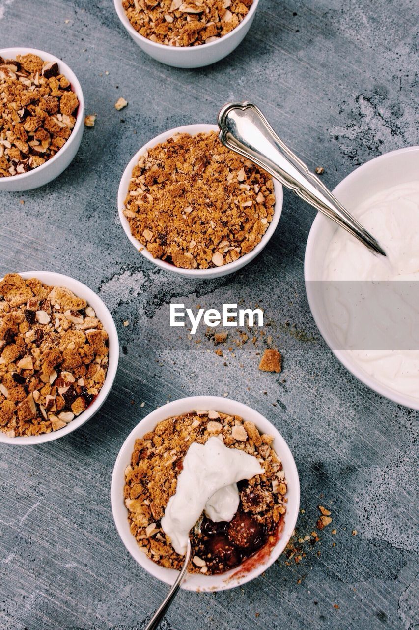 High angle view of food in bowls on table