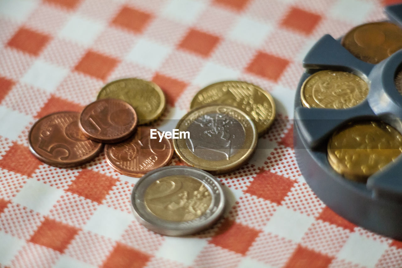 HIGH ANGLE VIEW OF COINS