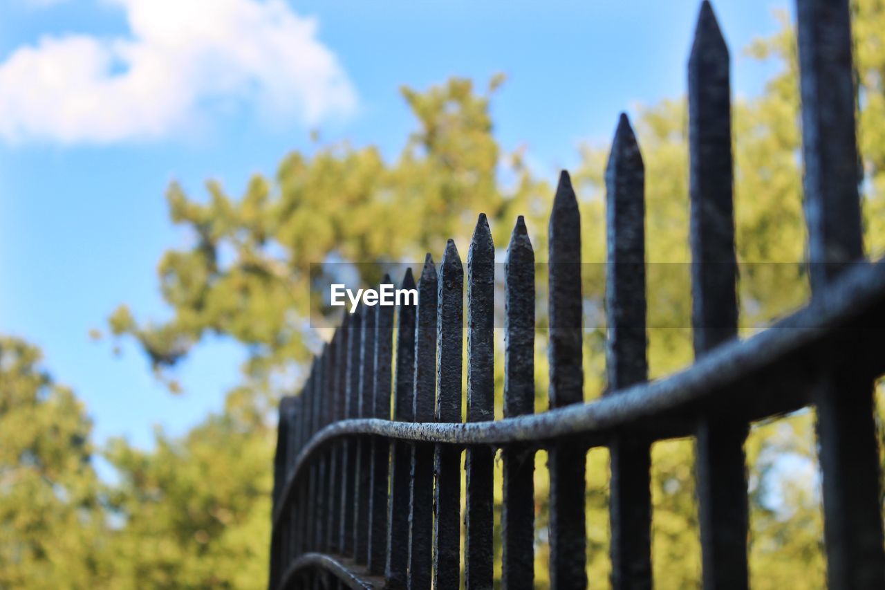 Close-up of metal fence against sky