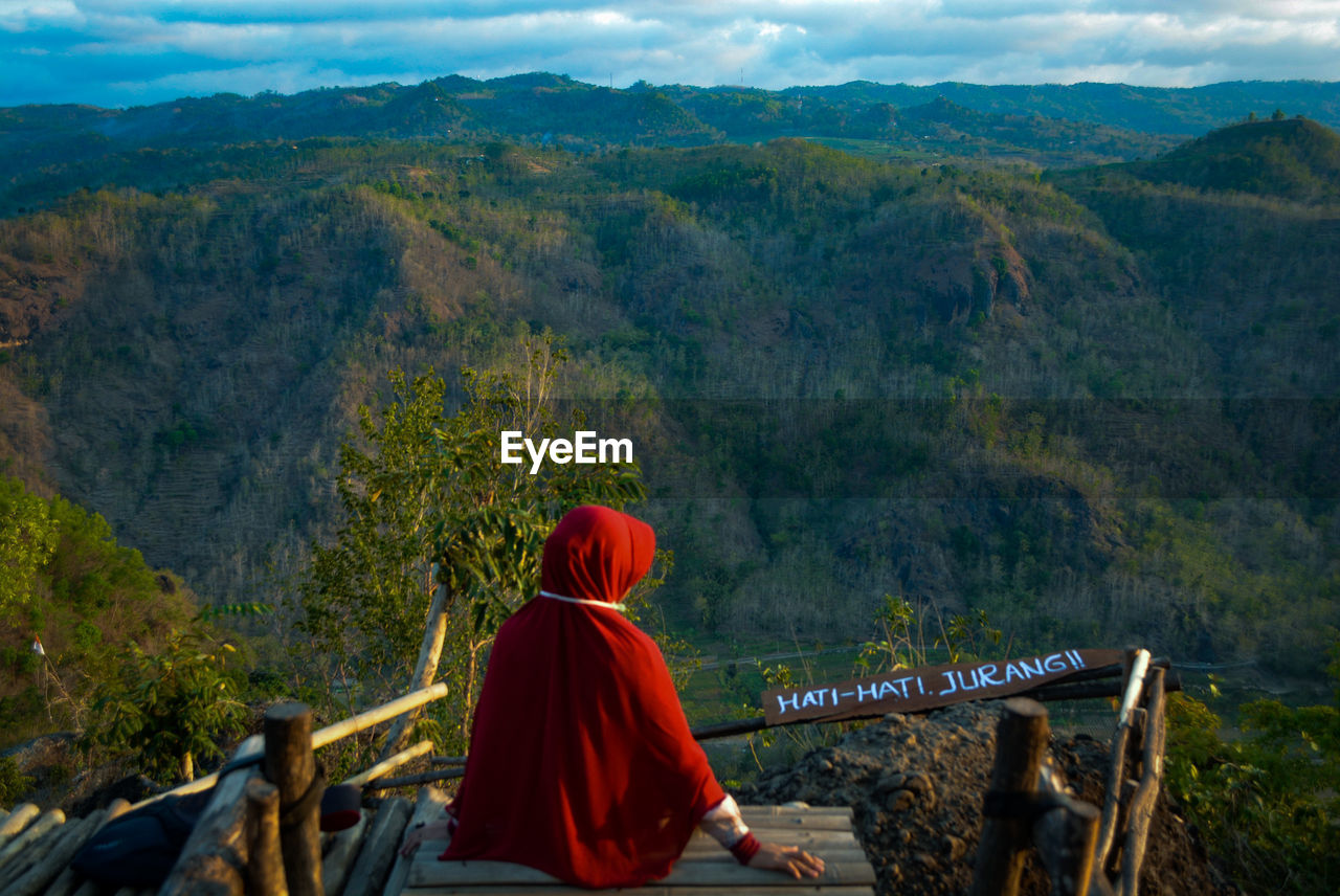 Rear view of woman sitting on wood against mountains