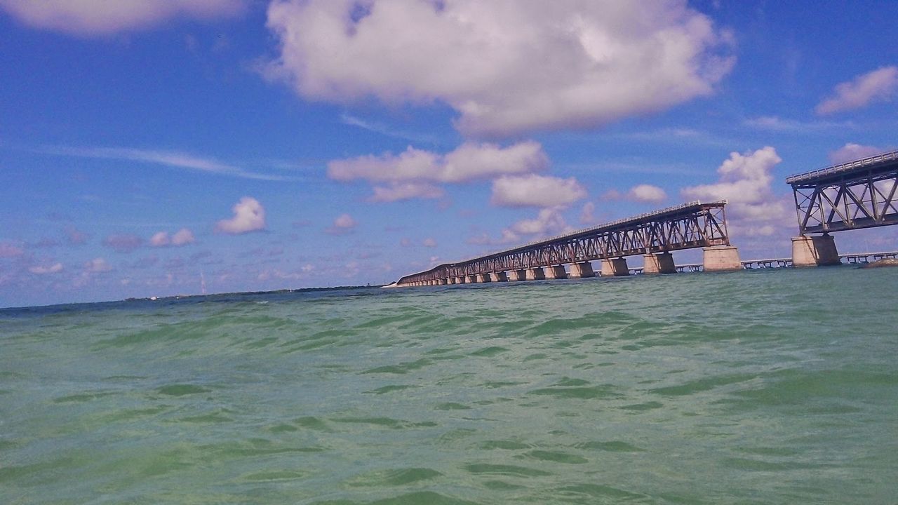 VIEW OF BRIDGE OVER SEA AGAINST CLOUDY SKY