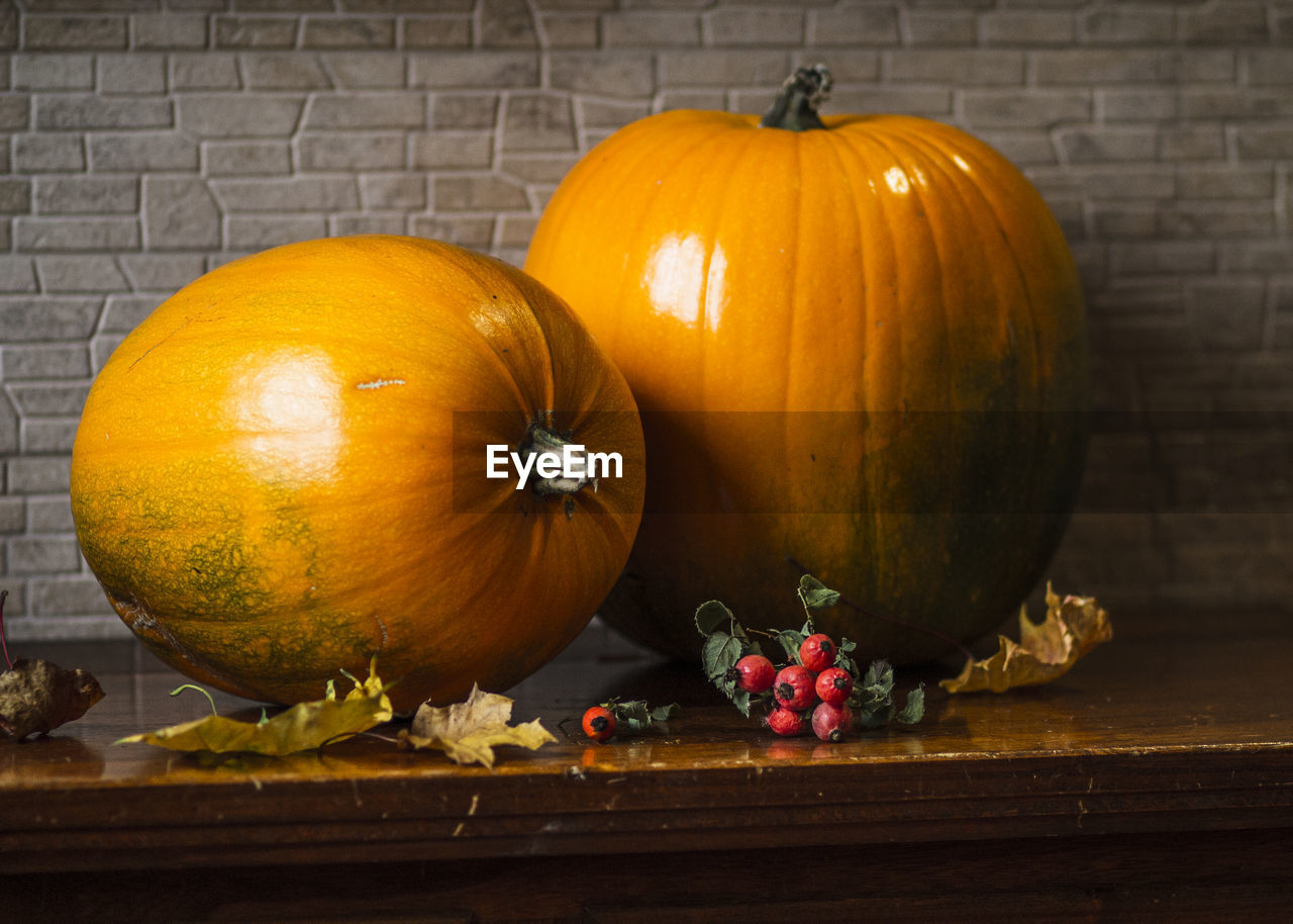 Close-up of pumpkins on table