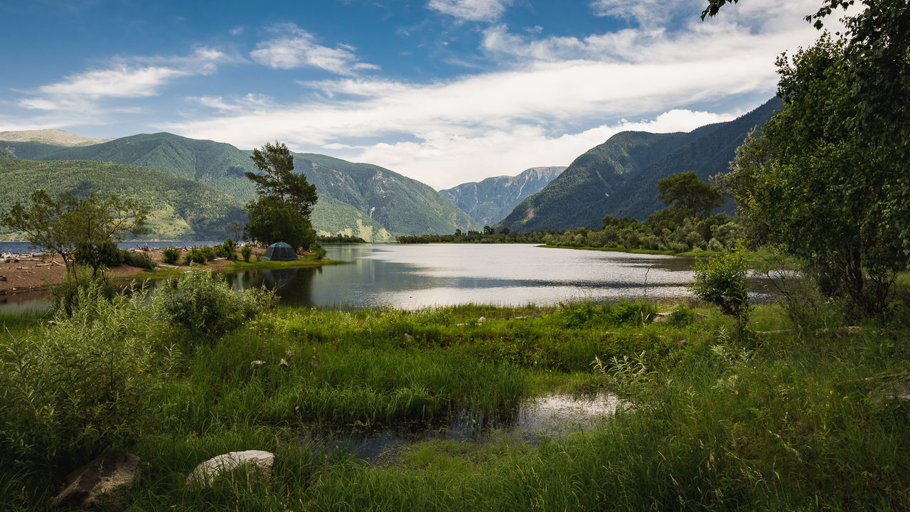 Scenic view of lake and mountains against sky