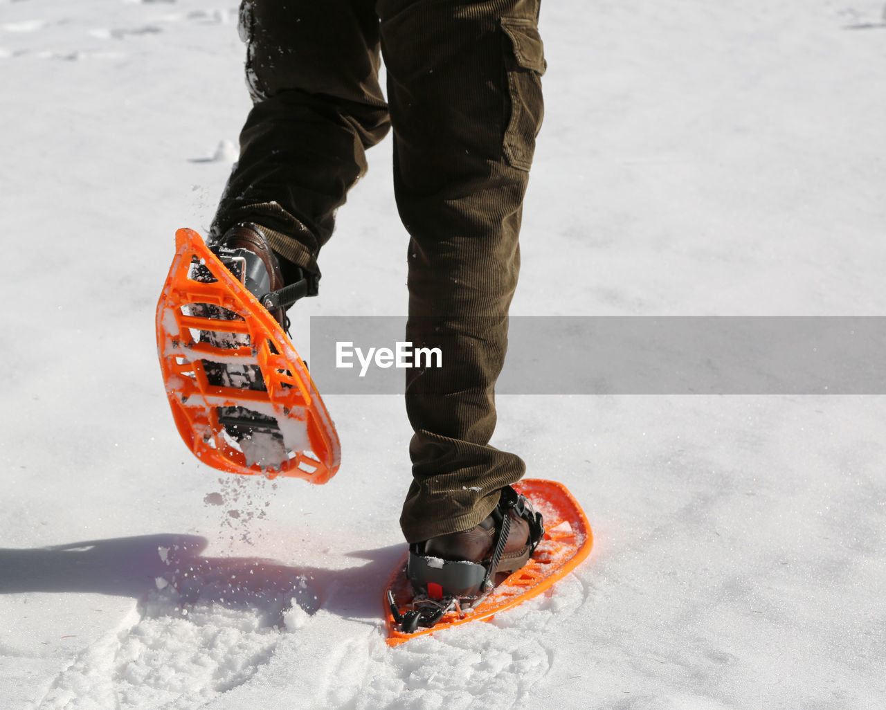 Low section of woman snowshoeing on snowy field