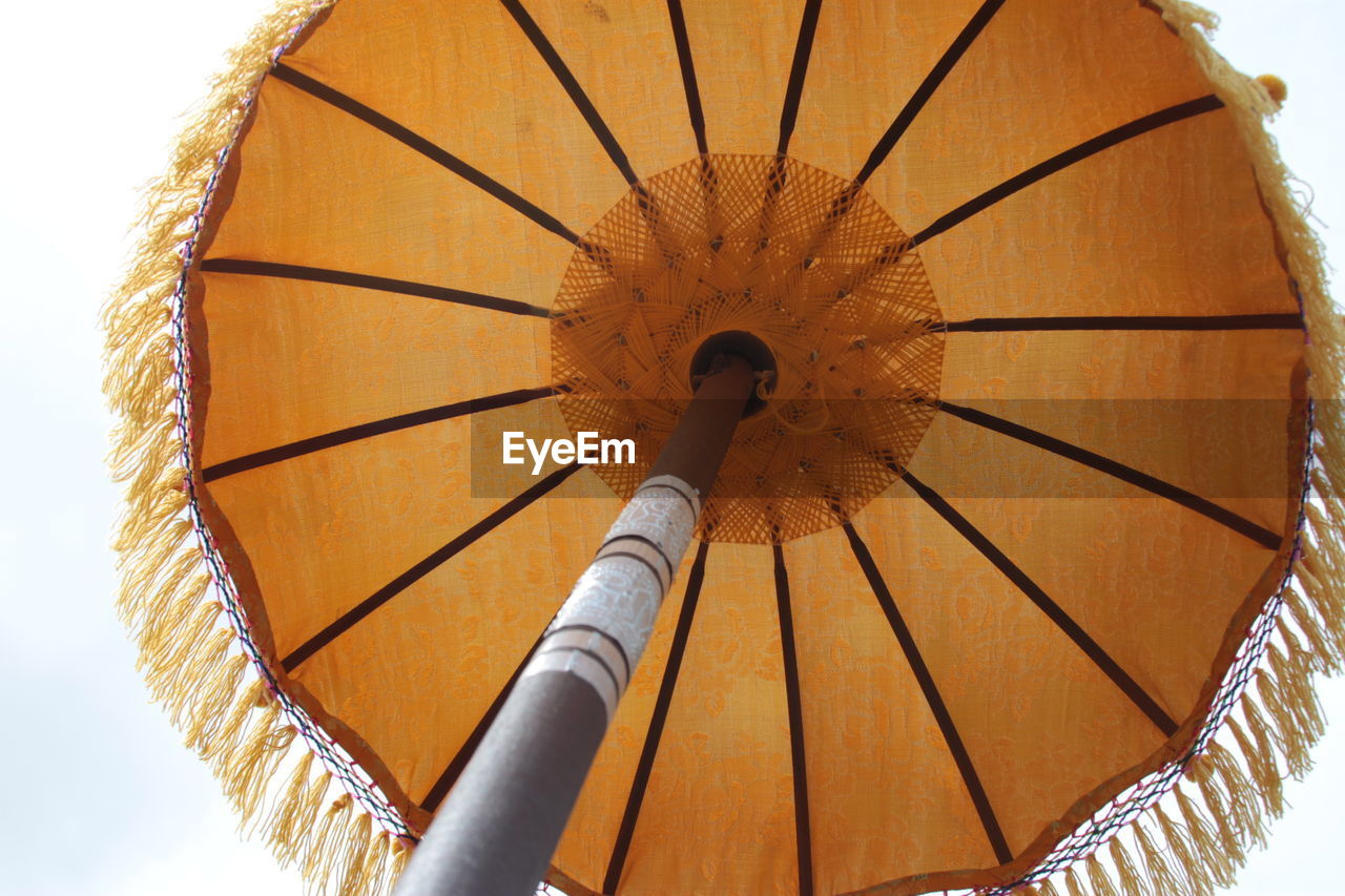 LOW ANGLE VIEW OF UMBRELLA AGAINST WOOD