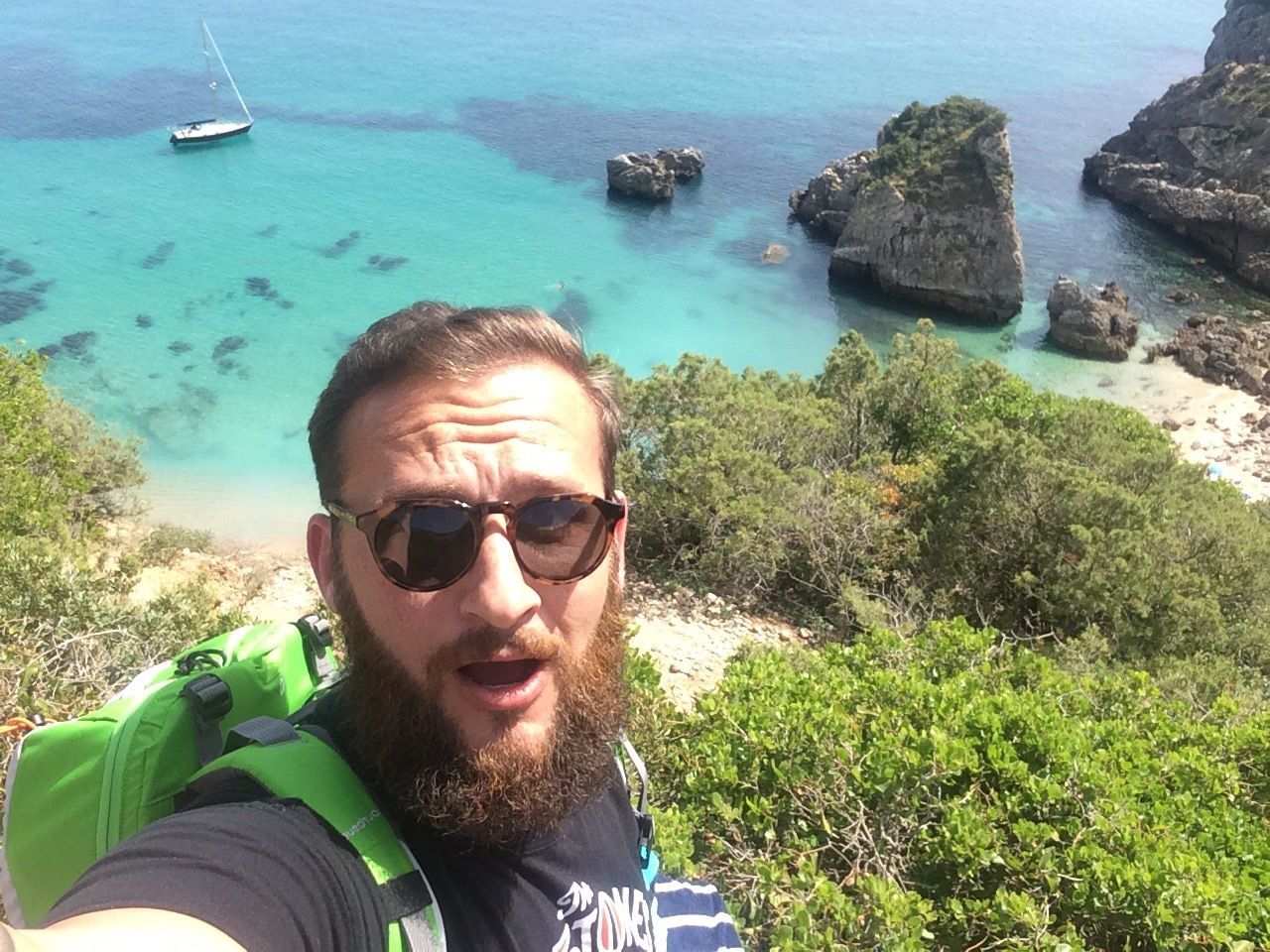 High angle portrait of excited man against sea at island