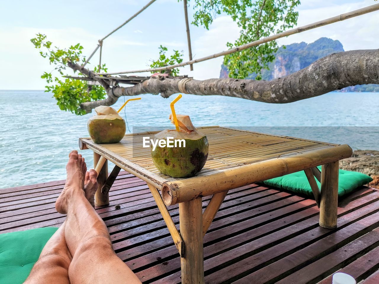 Low section of man relaxing on plank by sea against sky