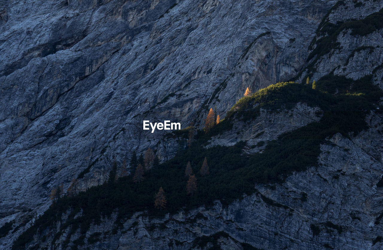 Full frame shot of rocky mountain at lago di braies in dolomites mountains 